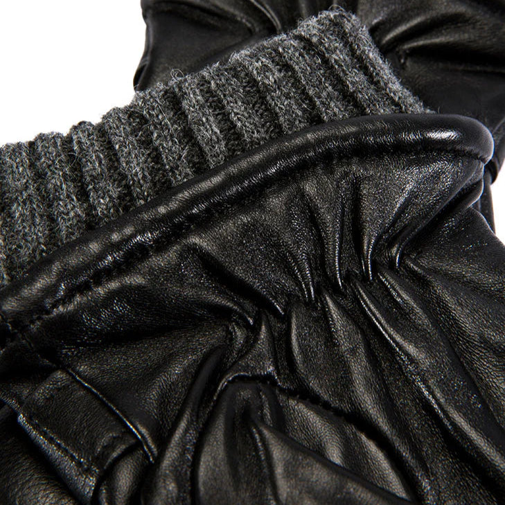 Gloves leather touchscreen wool lining Black