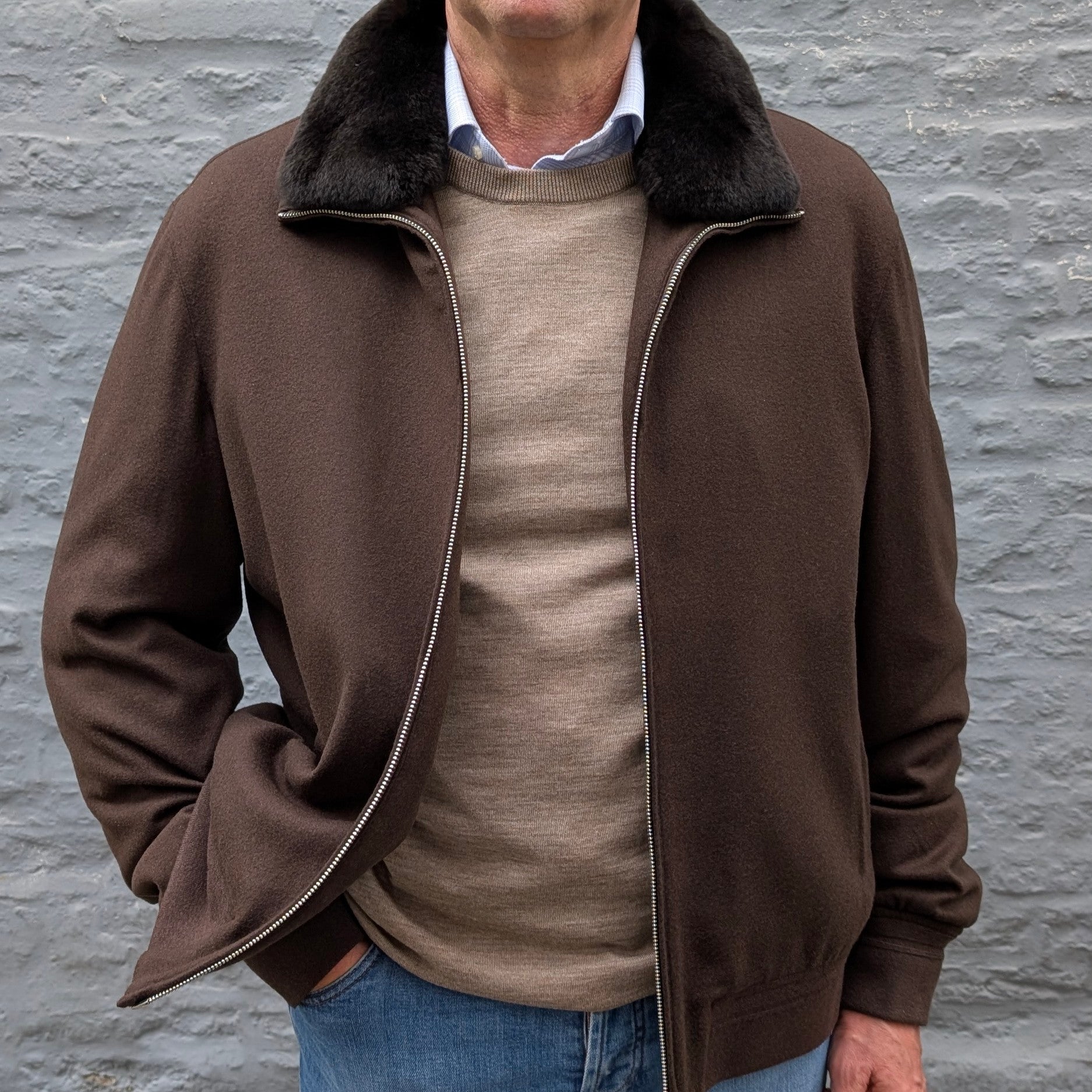 Wool Bomber Jacket Fur Collar Brown
