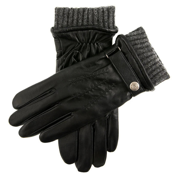 Gloves leather touchscreen wool lining Black