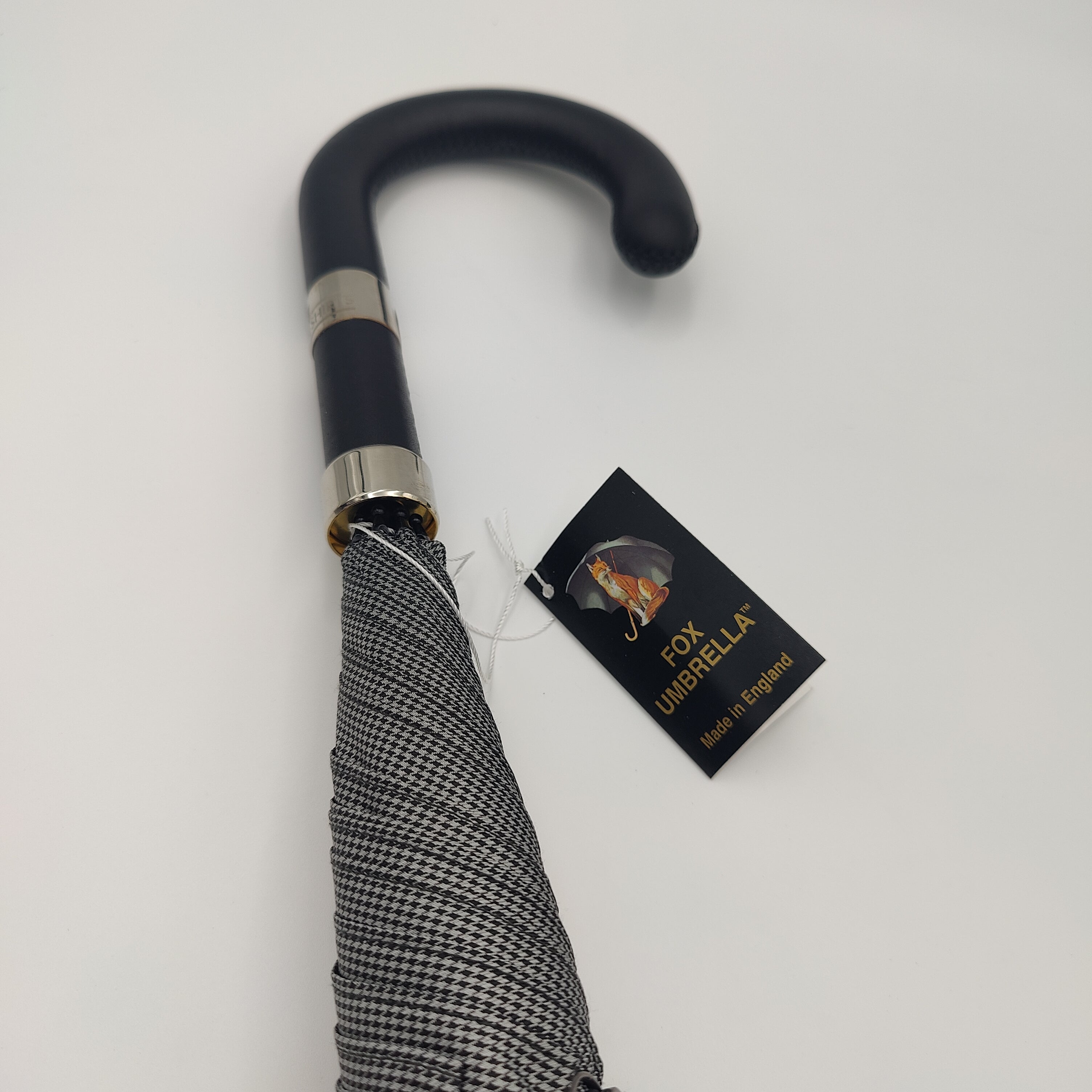 Fox Umbrella Houndstooth Black Leather Handle