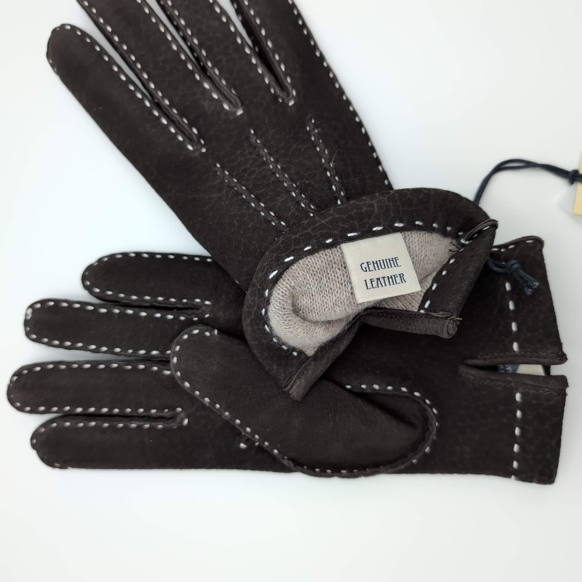 Gloves Calfskin Nubuck Cashmere Lining Dark Brown