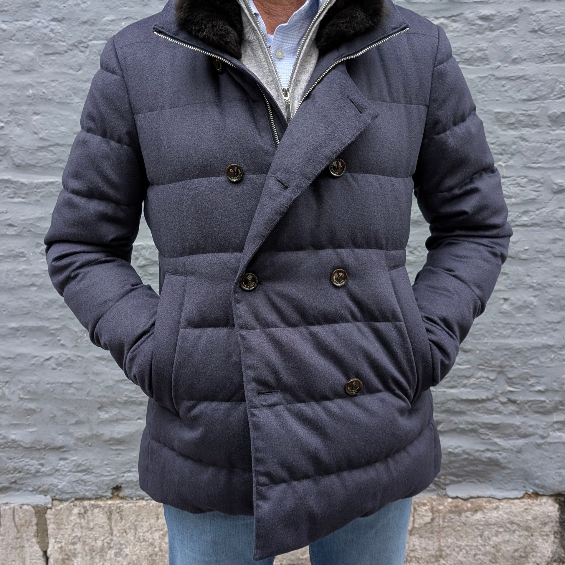 Down Jacket Wool/Silk/Cashmere Fur Collar Petrol Blue