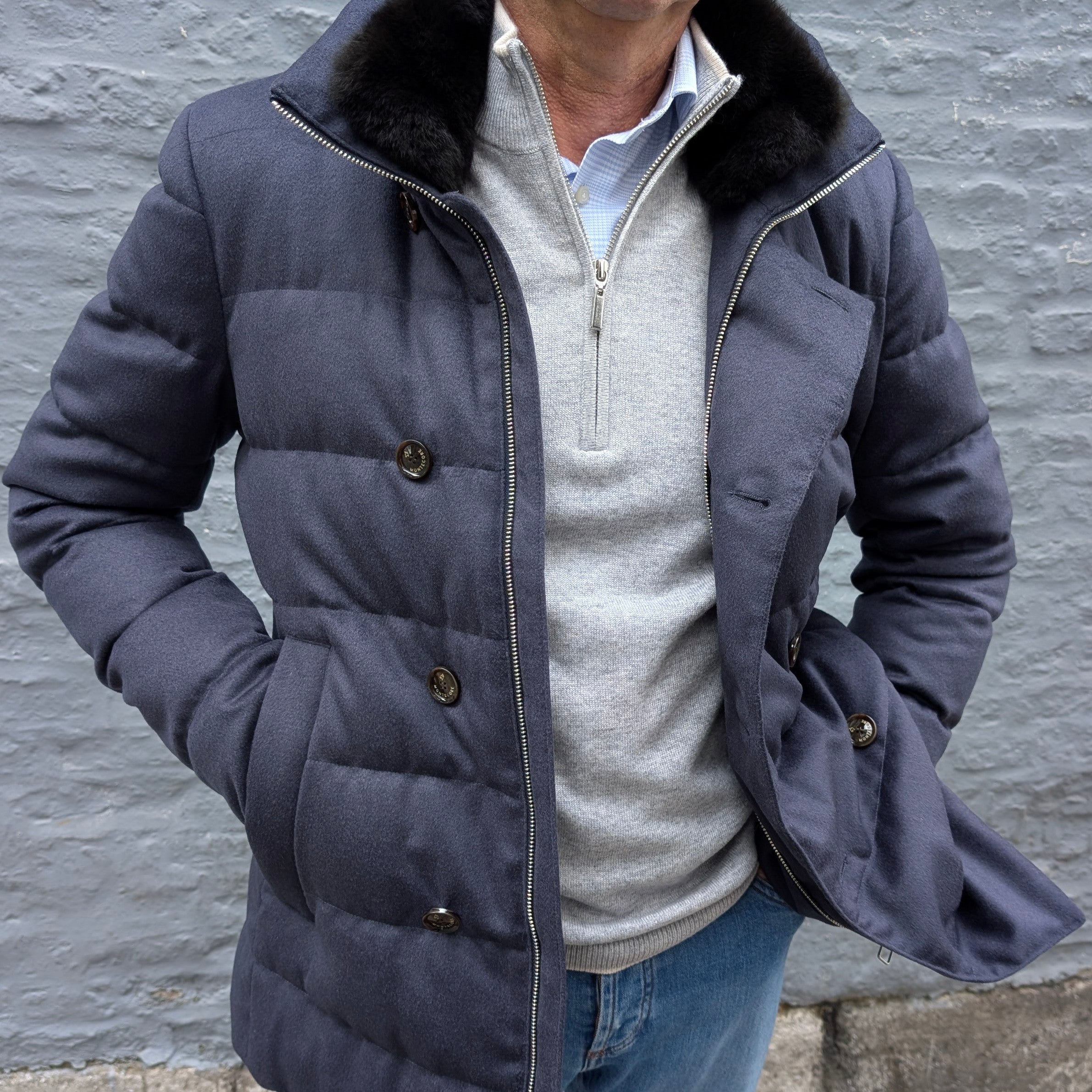 Down Jacket Wool/Silk/Cashmere Fur Collar Petrol Blue