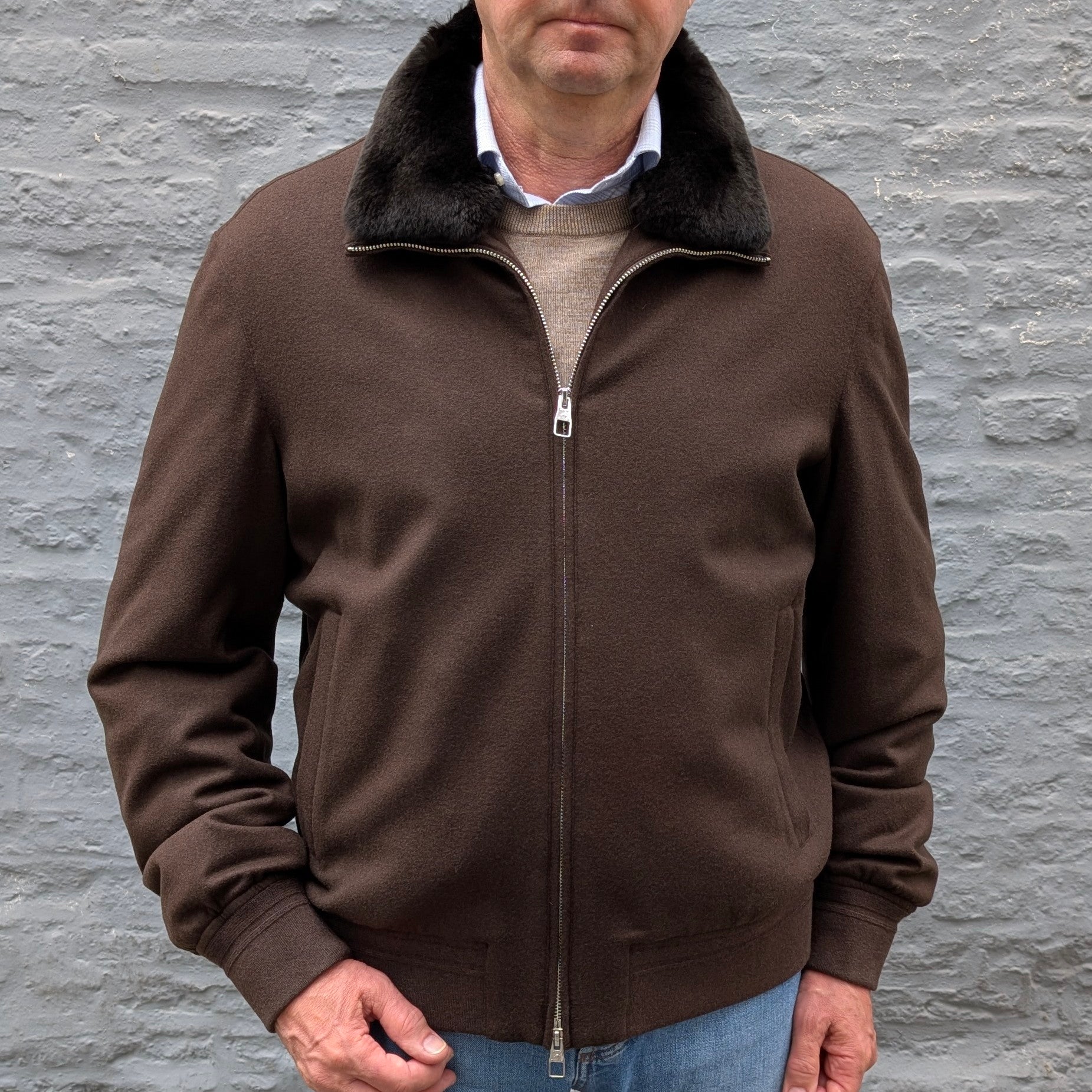 Wool Bomber Jacket Fur Collar Brown