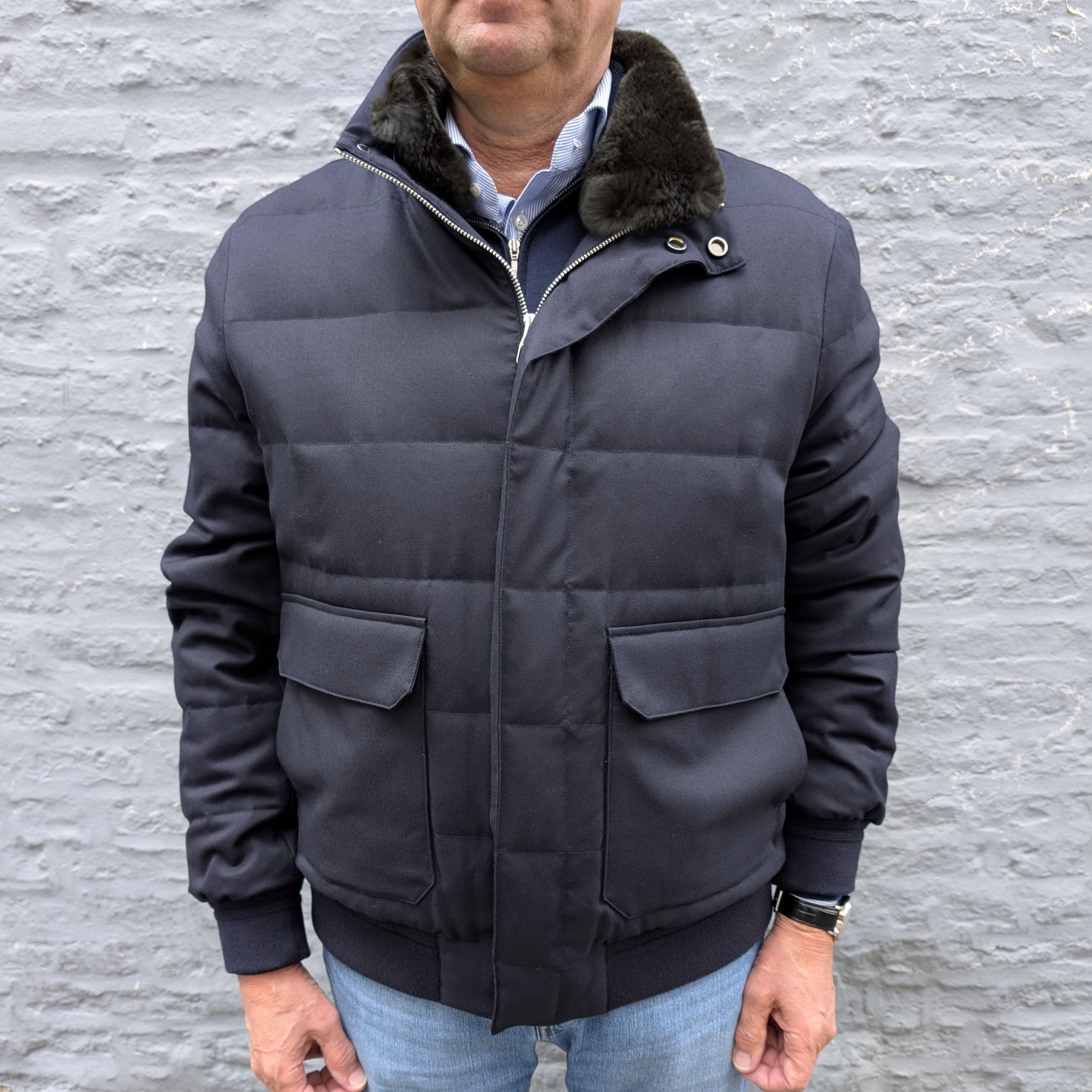 Vitale Barberis Canonico Wool Bomber Jacket Down and Fur Collar Blue