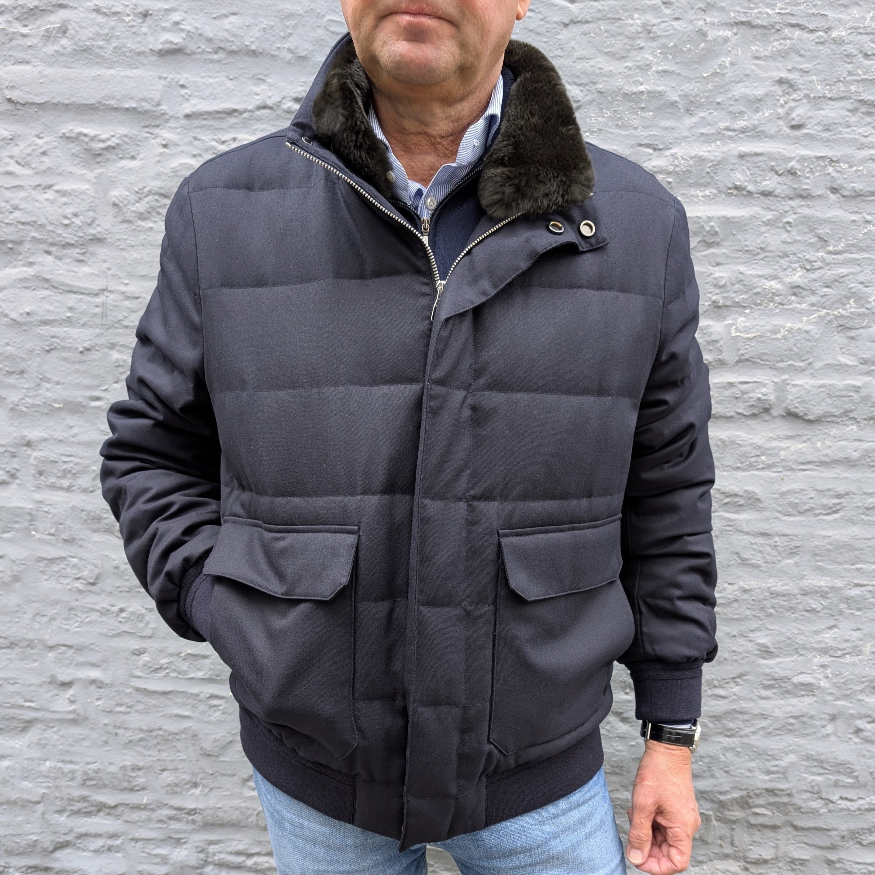 Vitale Barberis Canonico Wool Bomber Jacket Down and Fur Collar Blue