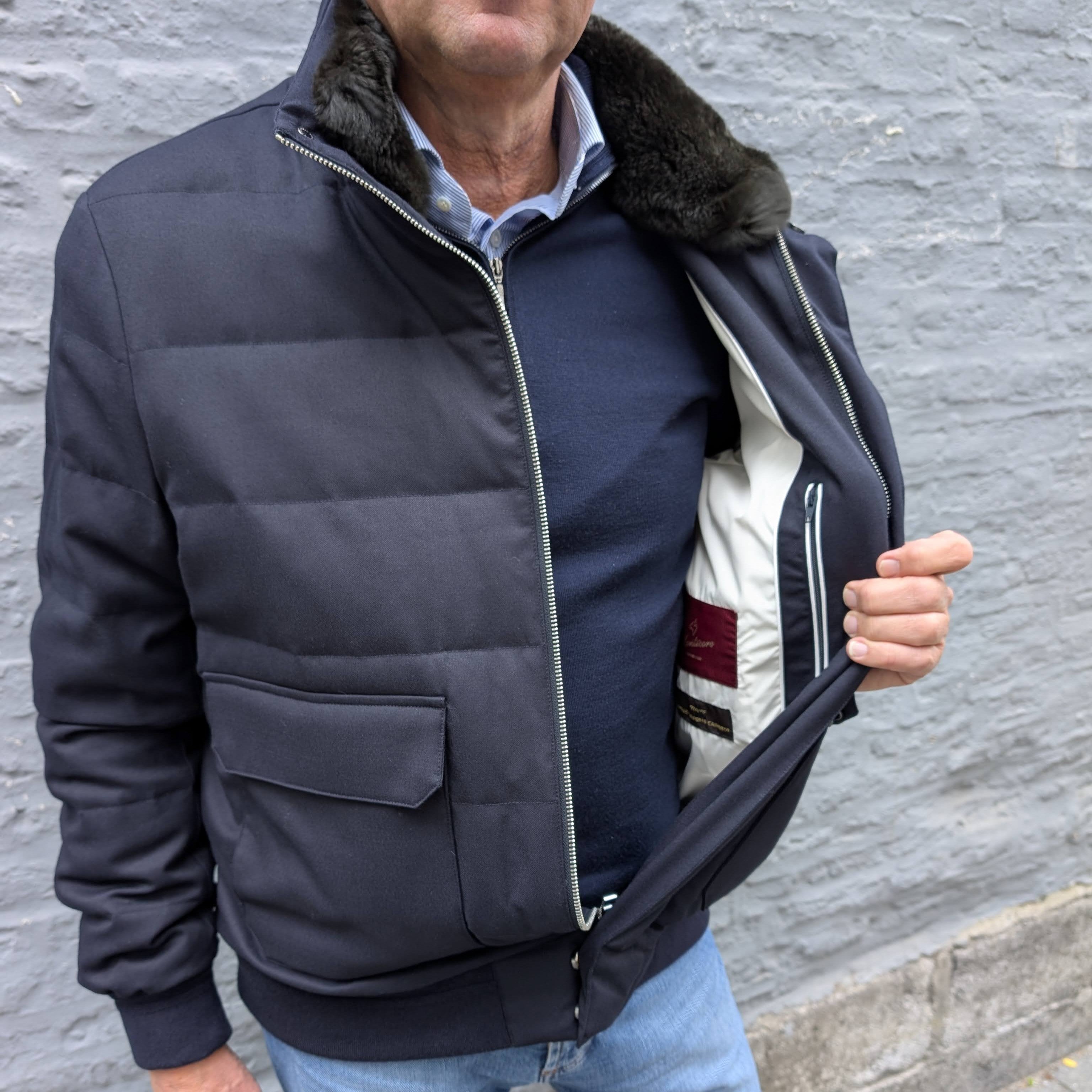 Vitale Barberis Canonico Wool Bomber Jacket Down and Fur Collar Blue