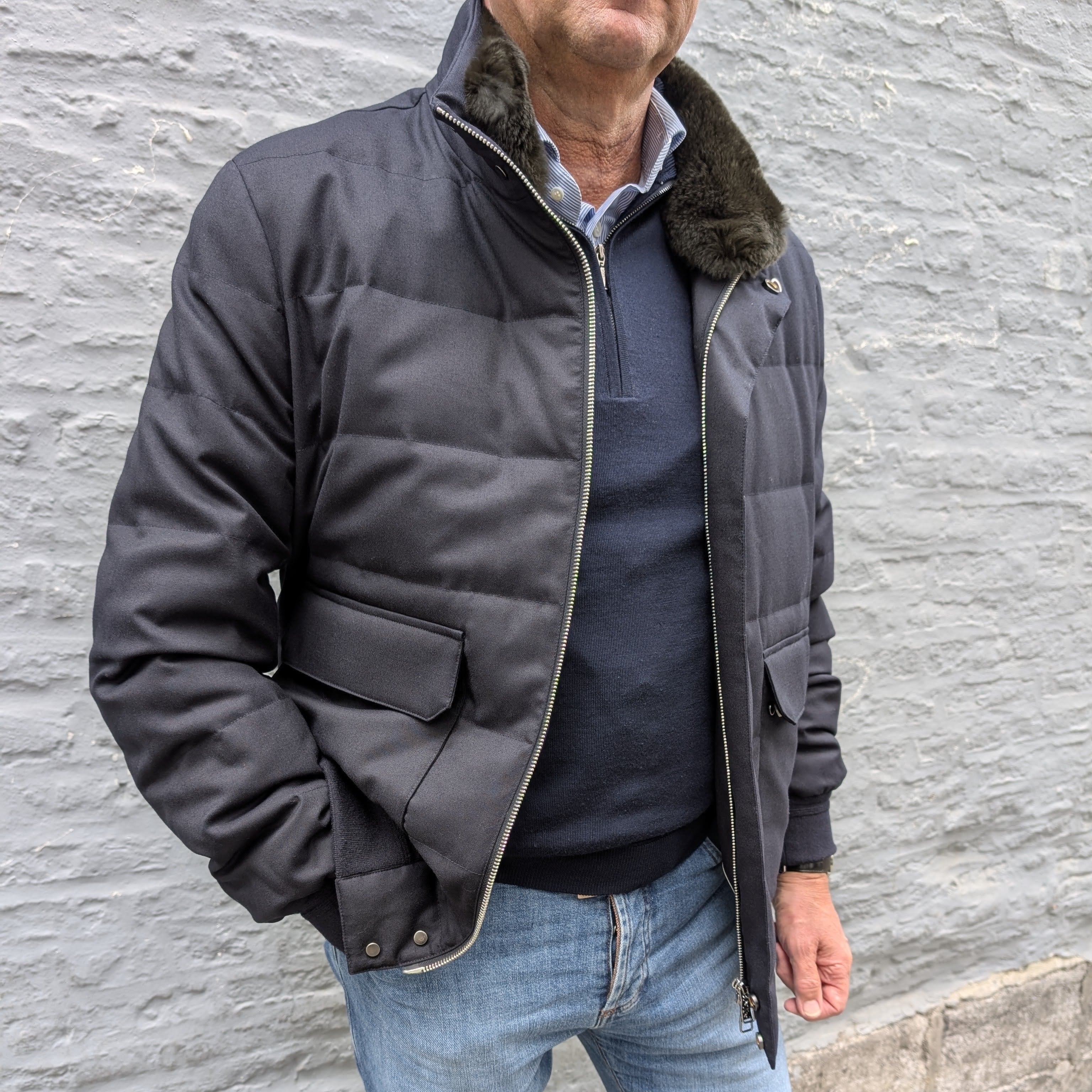 Vitale Barberis Canonico Wool Bomber Jacket Down and Fur Collar Blue